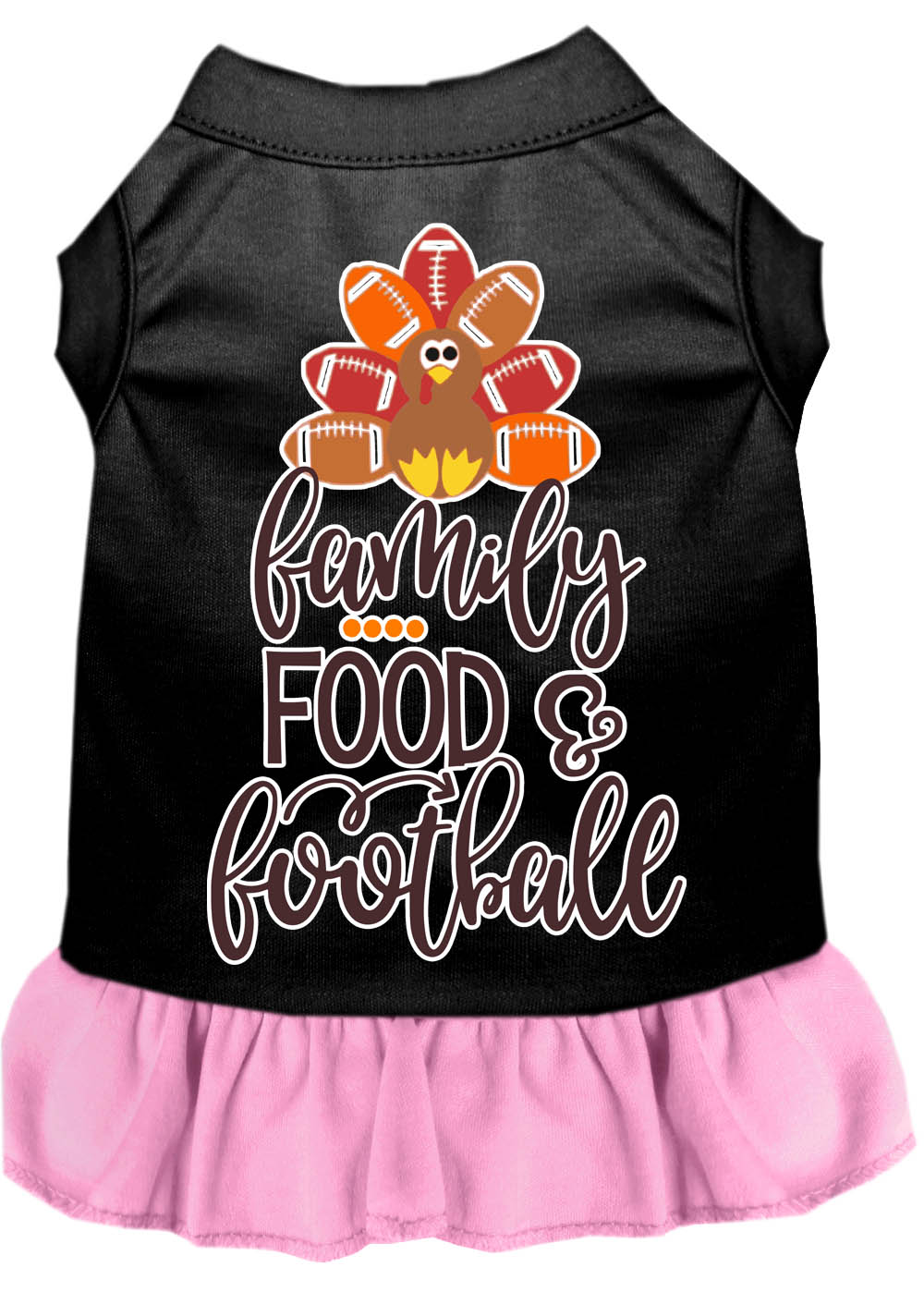 Family, Food, and Football Screen Print Dog Dress Black with Light Pink Lg
